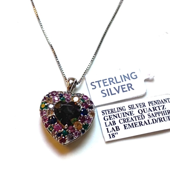Sterling Silver Heart Shaped Multi Stone Necklace - Picture 3 of 5